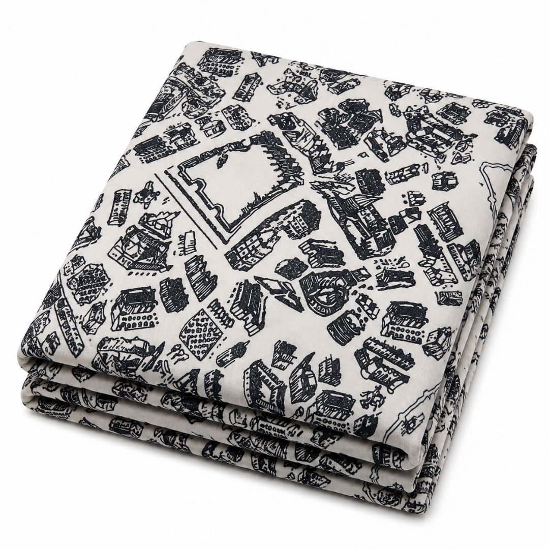 Premium Vintage Monochrome City Sketch Print Fabric